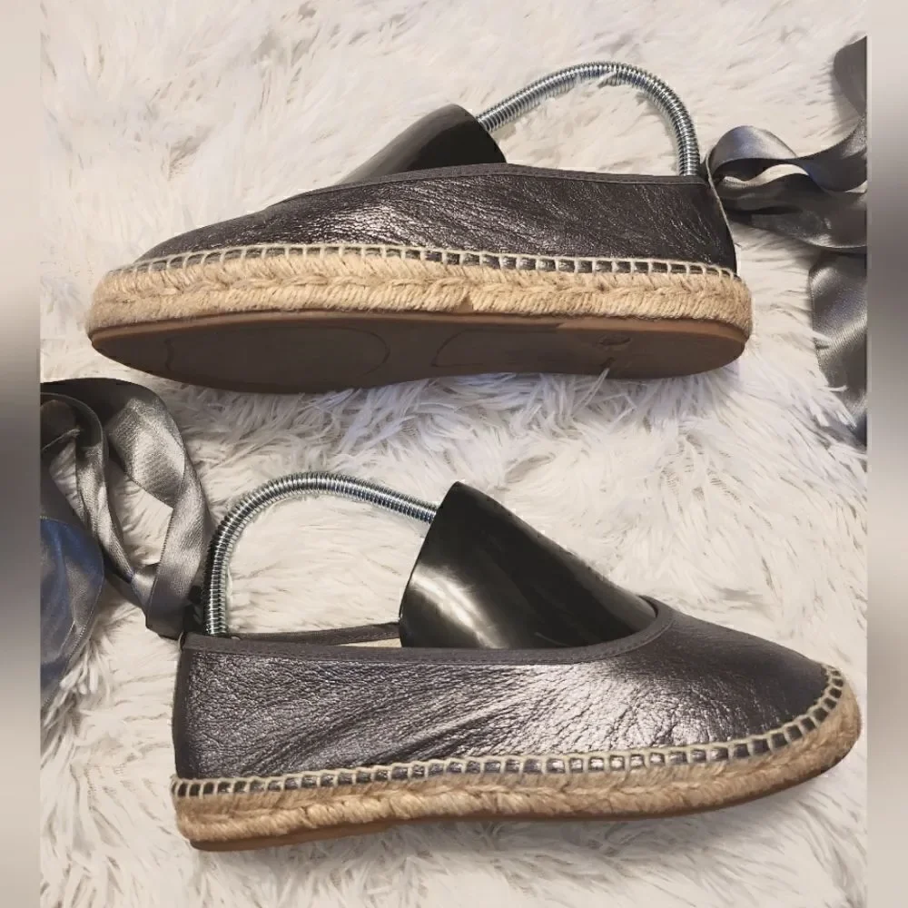 Free People Maya Wrap Espadrille Ballet Flats Metallic Gray Size 36 US 6
